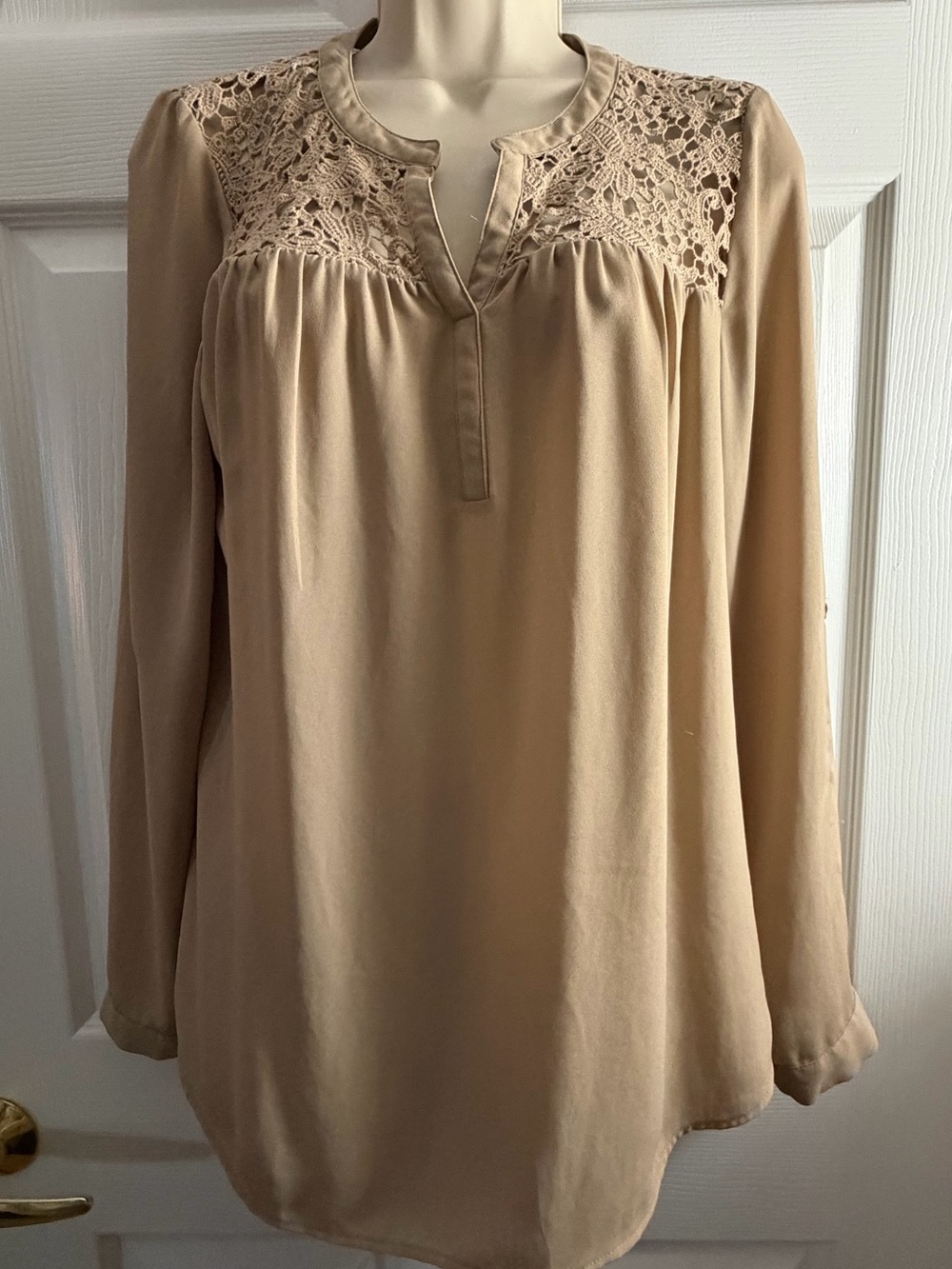 🛍️ Daniel Rainn Sheer Blouse Long or 3/4 Sleeve Top w/ Lace Accent - Small